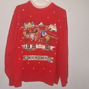 Vintage 90's Ugly Christmas Sweatshirt Red Village Picket Fence Country XL Heart